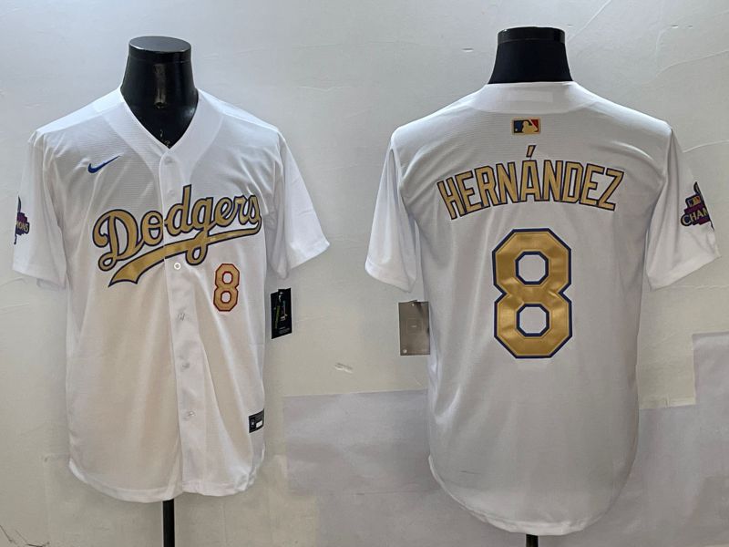 Men Los Angeles Dodgers #8 Hernandez White Champion gold character 2025 Nike MLB Jersey style 1->los angeles dodgers->MLB Jersey